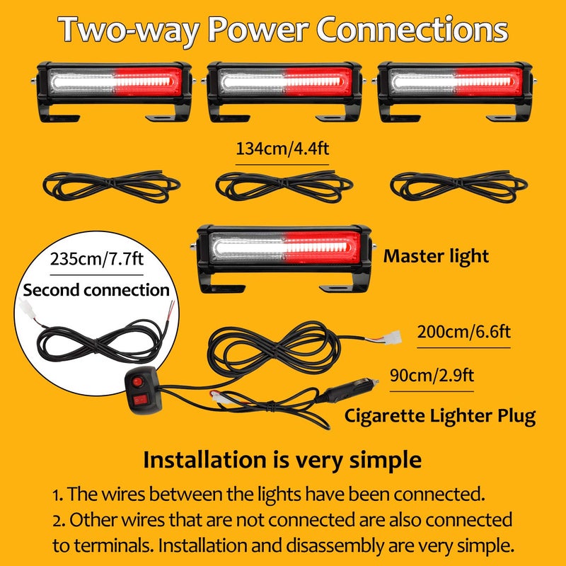 EASE2U E Emergency Strobe Lights for Vehicle, 12-24V 4 in 1 LED 32W Surface Mount Warning Hazard Flashing Strobe Light Bar, Roof and Side Installation for Off Road Vehicle, ATVs, Truck (White Red) - Image 2
